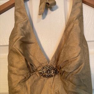 Vintage Gold Silk Halter Neck Dress with Brooch Detail